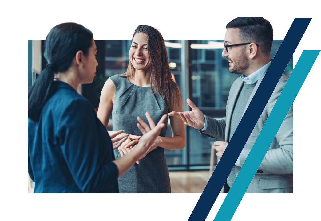 Business people standing around and talking